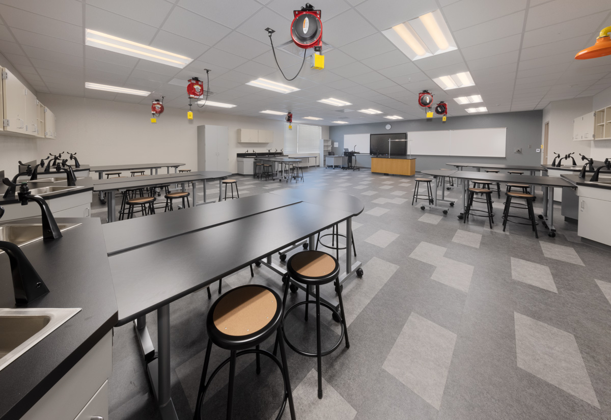 Interior design view of the science classroom at Gateway High School arts building in Fort Myers, FL.